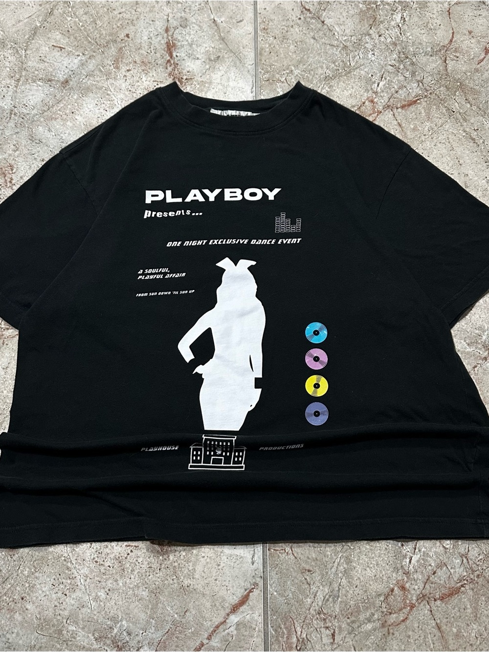 PLAYBOY Black Short-Sleeve Tee with White Bunny Silhouette and Color Discs